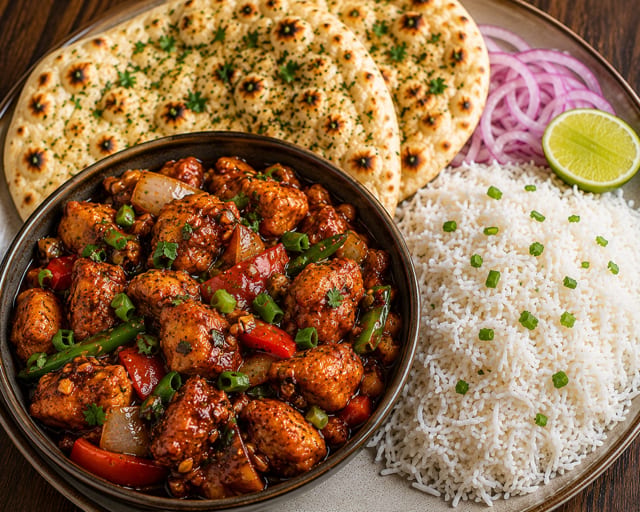Chicken Vindaloo w/ Basmati Rice and Naan.