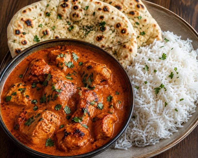 Chili Chicken w/ Basmati Rice and Naan.