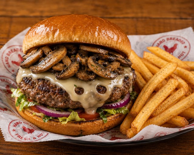 Mushroom Swiss Burger w/ Fries.