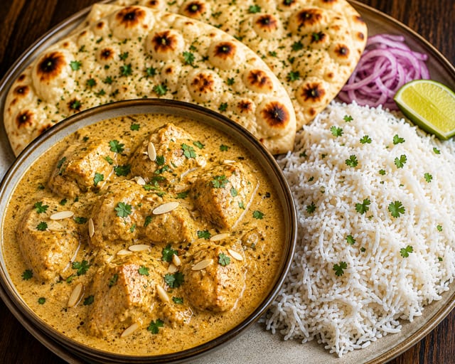 Chicken Korma w/ Basmati Rice and Naan.